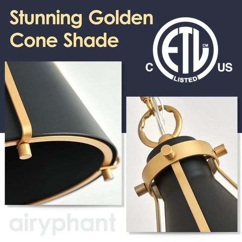 Close-up of black cone shade with gold frame from Two Pack Dope Black And Gold Pendant Lights With Adjustable Chain for modern decor.