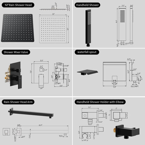 Diagram of 10 Inch Matte Black Rain Shower System With Brass Rough In Valve Included showing detailed measurements