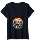 Cool Women's Machinist CNC Tools Vise Gauge Square Tee Black Classic Fit V-Neck with machinery design and orange sun graphic.