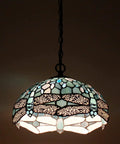 Tiffany Style Sea Blue Stained Glass Dragonfly Pendant Light Plug In 12 Inch Hanging Lamp With 32 Inch Chain And 15 Foot Cord UL Listed LED Ready For E26 Bulb Lit.