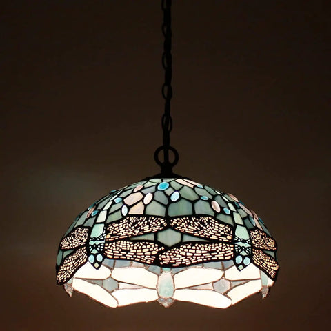Tiffany Style Sea Blue Stained Glass Dragonfly Pendant Light Plug In 12 Inch Hanging Lamp With 32 Inch Chain And 15 Foot Cord UL Listed LED Ready For E26 Bulb Lit.