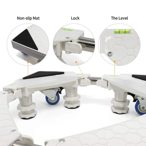 Close-up of Heavy Duty Washing Machine Base Stand With Built Tough Movable Adjustable Frame, showing non-slip mat, lock, and level.