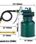 Front view of USUNRISE 8 oz green metal oil can with pump, flexible hose, and straight spout