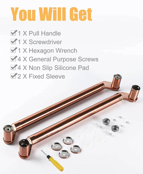 Hotel Hall Glass Door Handle With Modern Round Metal Push Pull Design Rose Gold Finish Durable 304 Stainless Steel Easy Install Fittings Included Slick For Glass And Wood Doors with installation accessories.