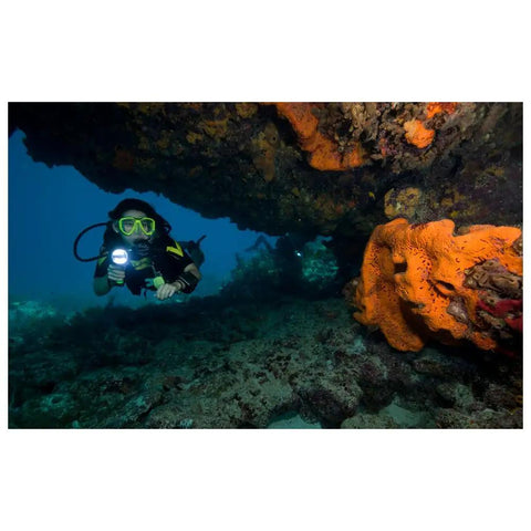 Scuba diver using Light Cannon ELED L1 Dive Light With Pistol Grip Safety Yellow 1100 Lumens exploring underwater cave