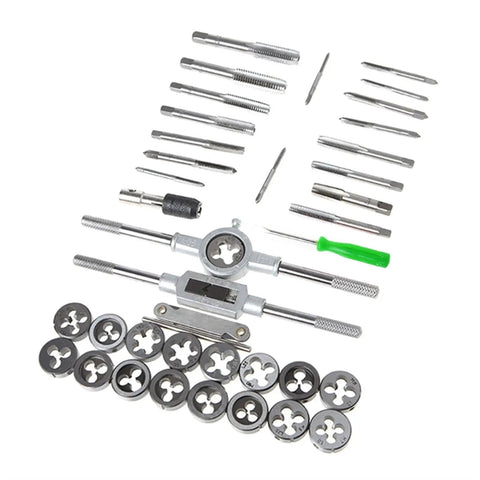 Solid 40-Piece Metric Tap And Die Set With Tungsten Carbide Bits For Heavy Duty Threading. Top Tier Stainless Steel Design Handles M3 Through M12 Threads Like A Boss. Tough, Reliable Tools You Can Count On For Any Precision Job. tap and die set with wrenches and dies laid out