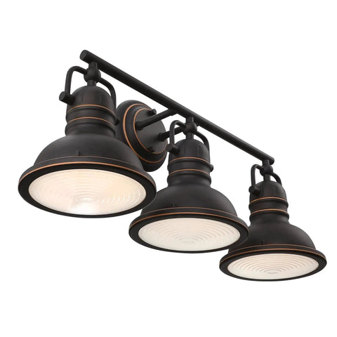 Vintage Style Three-Light Indoor Vanity Light Fixture In Oil Rubbed Bronze With Highlights And Frosted Prismatic Acrylic Lens