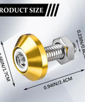 Close-up of 4 Piece Slick Gold Motorcycle License Plate Bolts, M6 size, showing gold finish and dimensions.