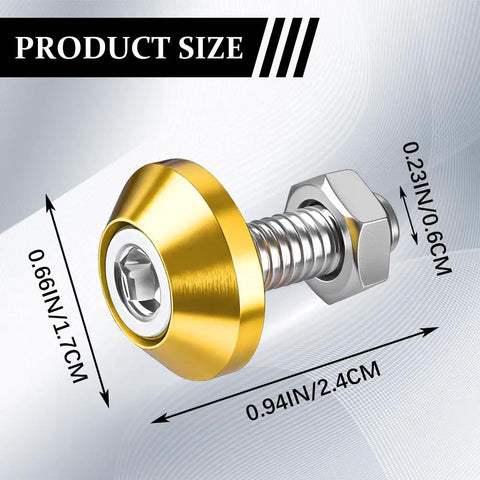 Close-up of 4 Piece Slick Gold Motorcycle License Plate Bolts, M6 size, showing gold finish and dimensions.