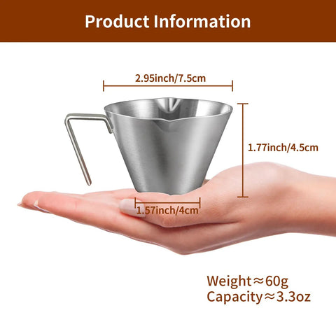 Two Pack Stainless Steel Espresso Cups With Handle, Double Spout Measuring Cup With Dual Scale, V Shaped Mouth, 3.4oz 100ml