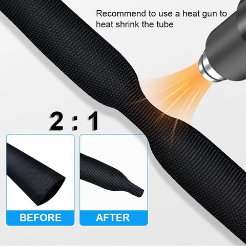 20 Ft 1/2 Inch 2 To 1 Heat Shrink Braided Sleeving For Wiring Harness Protection, showing heat gun shrink application