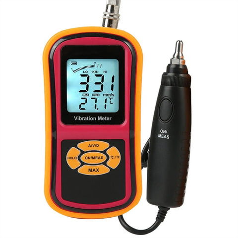 Split Type Vibration Meter With Mechanical Accelerometer And Fault Detector, Pro Grade Handheld Vibration Tester For Bearing Condition, LCD Backlight, Auto Shutoff, Low Battery Indicator, GM63B in orange and black with probe