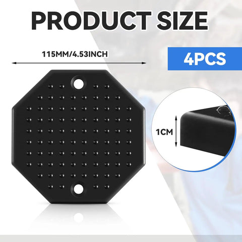 Heavy Duty Rubber Lifting Arm Pads 4 Pack Universal Octagon Shop Grade Auto Hoist and Floor Jack Protectors to Shield Pinch Welds and Subframes showing size 115mm, 1cm thick design.