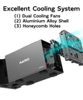 Rock Solid 4 Bay SATA Hard Drive RAID Enclosure with excellent cooling system and dual cooling fans for efficient performance.