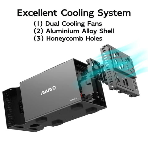 Rock Solid 4 Bay SATA Hard Drive RAID Enclosure with excellent cooling system and dual cooling fans for efficient performance.