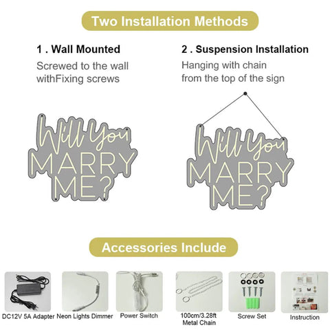 Will You Marry Me Neon Sign LED Proposal Light with Acrylic Backboard showing wall mounted and suspension installation methods.