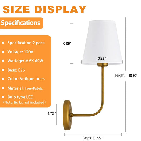 Size display of Hardwired Wall Sconces Set Of 2 Vintage Industrial Style Wall Lamps with white shade and antique brass finish.