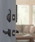 Traditional Electronic Keypad Keyless Entry Door Lock And Motorized Deadbolt With Handle Set For Front Door Security In Oil Rubbed Bronze Finish No Fuss Quick Install And Rock Solid Build 6 Pack mounted on a door with a gray finish.