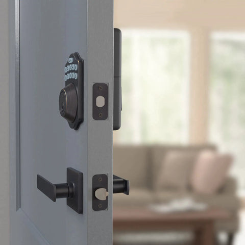 Traditional Electronic Keypad Keyless Entry Door Lock And Motorized Deadbolt With Handle Set For Front Door Security In Oil Rubbed Bronze Finish No Fuss Quick Install And Rock Solid Build 6 Pack mounted on a door with a gray finish.