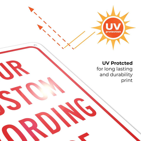 Close-up of UV protective feature on personalized metal sign with red border for office home business and Airbnb 10 by 7 inches rust free aluminum