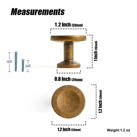 Measurements of 12 Pack Antique Brass Round Cabinet Knobs With Single Hole, Classic Vintage Hardware for Furniture Restoration