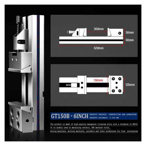 Heavy Duty 6 Inch CNC Clamping Vise With A Quick Release Single Handle Grip and Built Like A Tank Chrome Manganese Steel Body side view with dimensions.