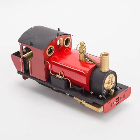 Red and gold live steam locomotive kit that runs on water and heat with oscillating engine, 1/50 HO scale model for science education.
