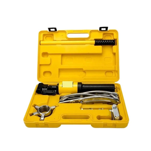 Pro Grade Hydraulic Gear Puller With Heavy Duty Wheel Bearing Separator In 5 10 15 20 Ton Sizes For Smooth Hub Removal and Zero Sweat Garage Jobs in a yellow case.