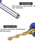 Close-up of Ten Piece PCB Drill Bit Set One Eighth Inch Shank Titanium Coated Carbide Micro Twist Drill Bits with blue holder.