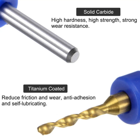 Close-up of Ten Piece PCB Drill Bit Set One Eighth Inch Shank Titanium Coated Carbide Micro Twist Drill Bits with blue holder.