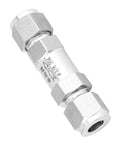 Angled side view of stainless steel BSPP female-thread check valve, 3/8 in, one-way backflow preventer