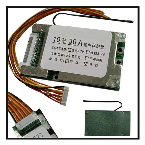 Rock Solid 10S 30A BMS Protection Board For 36V Lithium 18650 Cells with wiring and copper connectors for motorcycles and scooters.