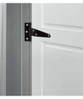 Close-up of black iron T hinge mounted on a white door, Six Pcs Beefy Heavy Duty T Hinges Thick Black Iron Gate Hinge 12.2x6.5 cm