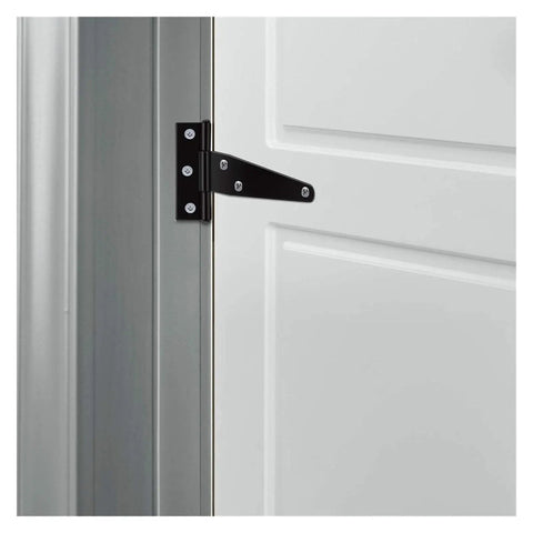 Close-up of black iron T hinge mounted on a white door, Six Pcs Beefy Heavy Duty T Hinges Thick Black Iron Gate Hinge 12.2x6.5 cm