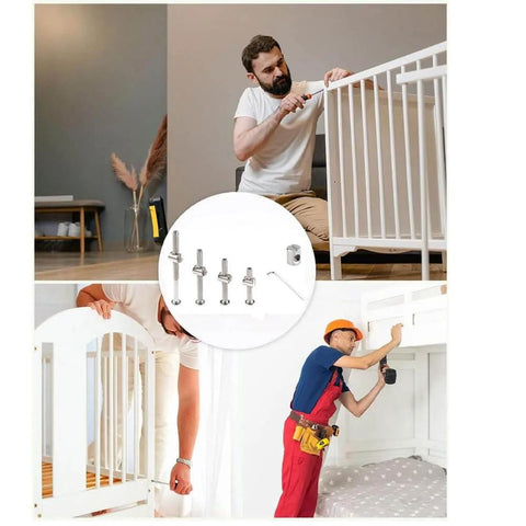 Must Have DIY Crib Hardware Replacement Kit For Delta Graco Dream Baby Beds With M6 Hex Drive Bolts And Barrel Nuts 40 50 60 70 80 Mm Includes Nuts And Wrench 25 Sets Silver in use, showing installation on baby beds with people fastening bolts.