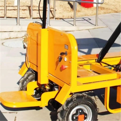 Heavy Duty Hydraulic Lift Platform With Smooth One Press Raising Thickened Steel Frame And Zero Hassle Four Wheel Maneuvering close-up of control panel and wheels.