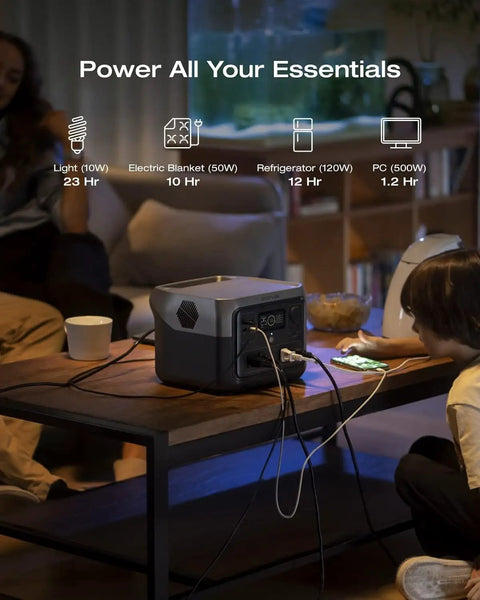 716Wh Portable Solar Generator With 160W Panel LiFePO4 Battery powering multiple devices in a living room setting