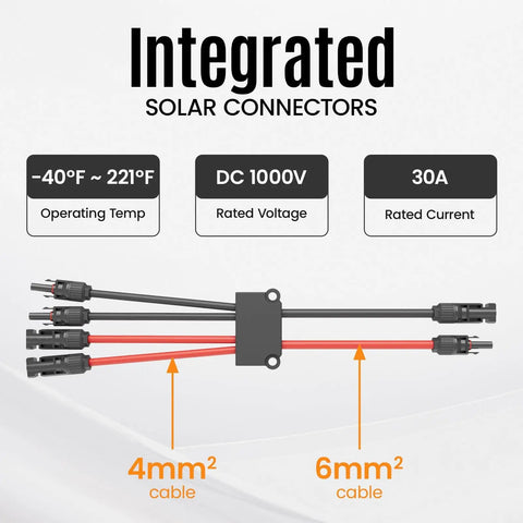 Close-up of 4 To 2 Solar Y Branch Connectors Kit For PV Panels Parallel Wiring Waterproof Wire Plug showing 4mm² and 6mm² cables.