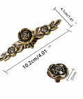 2 Pack Vintage Style Metal Drawer Pulls With Antique Bronze Finish For Dresser Cupboard Kitchen Cabinets And Furniture Hardware Rustic Retro Cabinet Handles, showing rose design with dimensions 10.2cm by 4.1cm and 31mm
