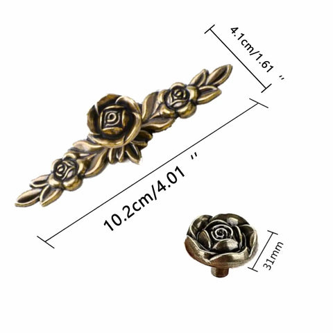 2 Pack Vintage Style Metal Drawer Pulls With Antique Bronze Finish For Dresser Cupboard Kitchen Cabinets And Furniture Hardware Rustic Retro Cabinet Handles, showing rose design with dimensions 10.2cm by 4.1cm and 31mm
