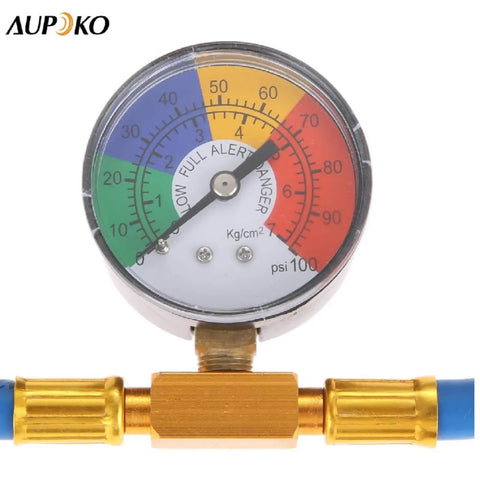 DIY Car AC Recharge Kit With Gauge And 1/2 Inch Self Sealing Valve Can, R134A Refrigerant Hose, pressure gauge close-up