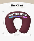 Custom U Shaped Neck Pillow With Your Design in maroon, size chart displayed, personalized memory foam travel accessory.