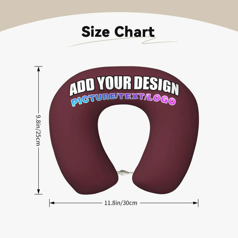 Custom U Shaped Neck Pillow With Your Design in maroon, size chart displayed, personalized memory foam travel accessory.