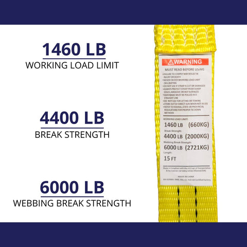 Heavy Duty Ratchet Tie Down Straps 1.5 Inch Wide By 15 Feet Long With 4,400 Pound Breaking Strength And J Hook Ends 10 Pack label