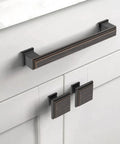Oil Rubbed Bronze Square Cabinet Knobs 10 Pack For Kitchen Cabinets And Dresser Drawers, Zinc Alloy Hardware Pulls, installed on white cabinets
