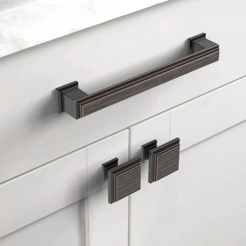 Oil Rubbed Bronze Square Cabinet Knobs 10 Pack For Kitchen Cabinets And Dresser Drawers, Zinc Alloy Hardware Pulls, installed on white cabinets