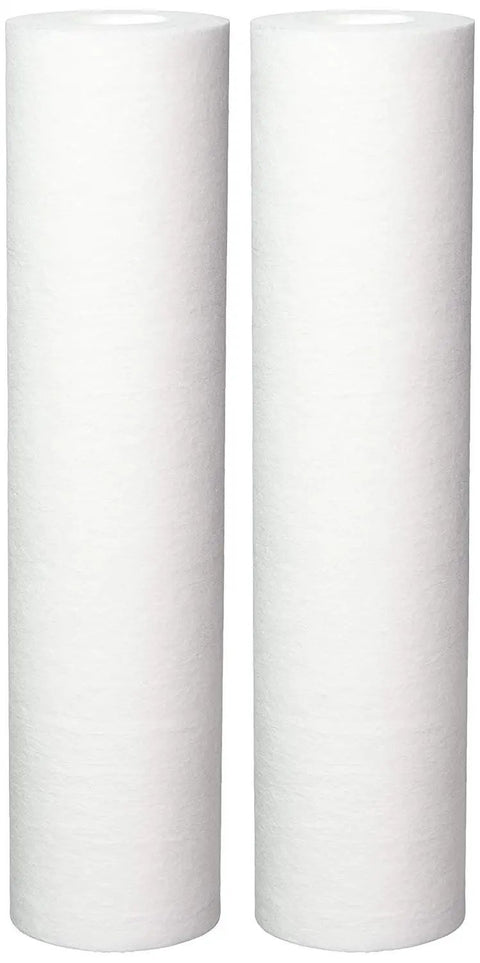 Two white filters from the Premium P5 Whole House Water Filter System 5 Micron, 4 GPM Flow, reduces sediment rust scale dirt sand silt