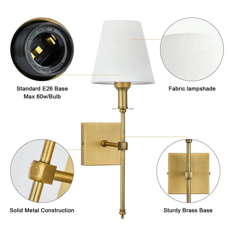 Two Pack Brushed Brass Wall Sconces With Fabric Shade, Hardwired Vanity Lighting showing parts and materials