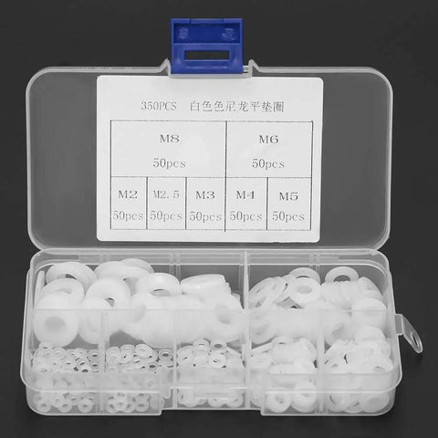 Grab And Go Nylon Washer Kit 350 Piece Flat Washer Set With Storage Box White Plastic Assortment For Fasteners Insulation Friction Reduction And Leak Prevention In 7 Sizes, open case