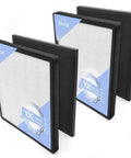Four PUR131 Replacement Filter 2 Pack With Activated Carbon For Odor Smoke Pollen standing upright, showcasing layered design